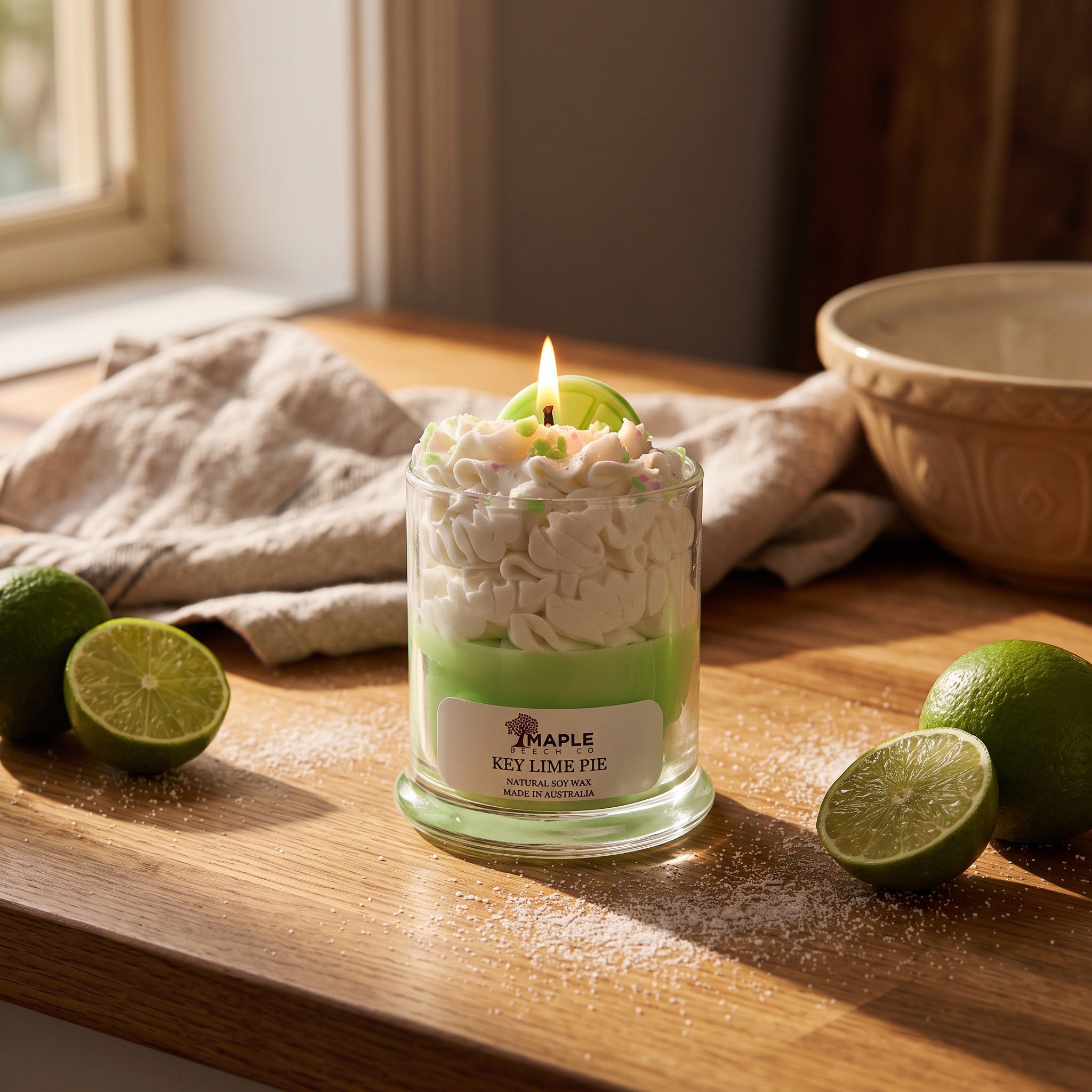 Maple Beech Co candle styled in a warm home