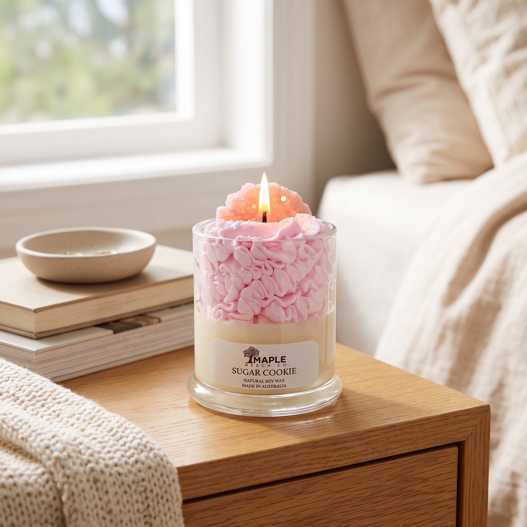 Maple Beech Co candle in a warm, lived-in home
