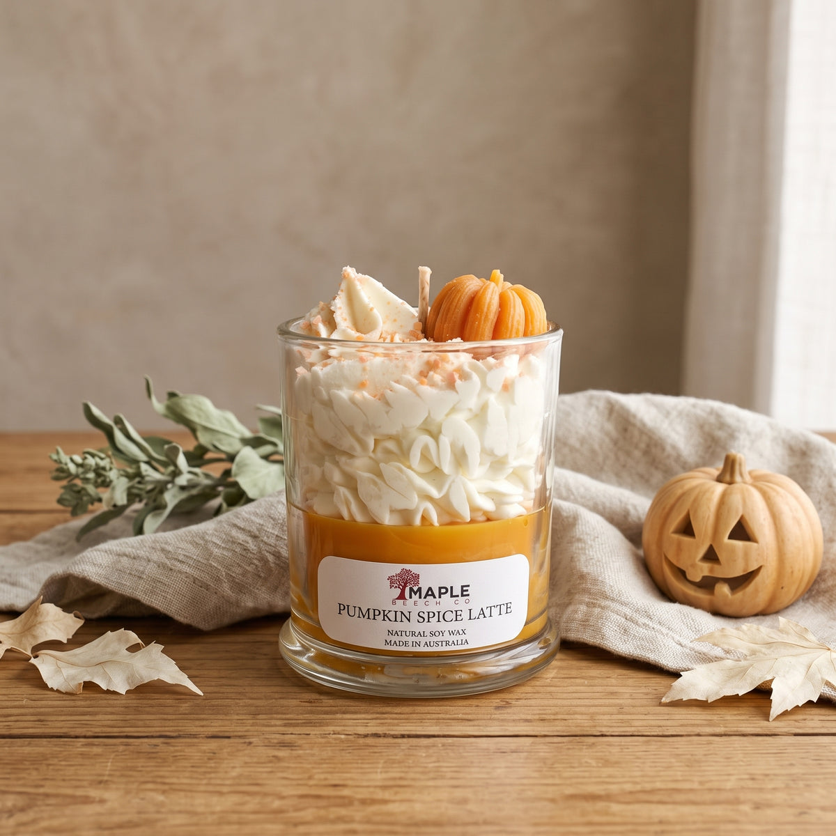 Maple Beech Co candle styled in a warm home